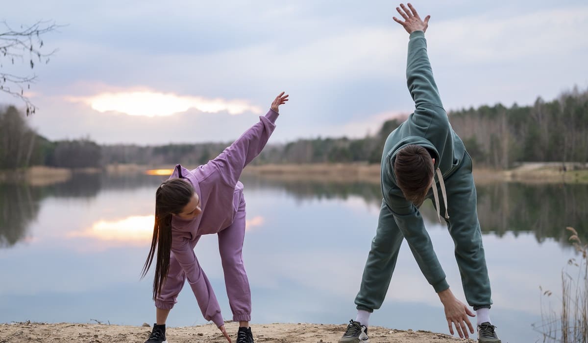 View of a calm, empty yoga studio at sunrise.